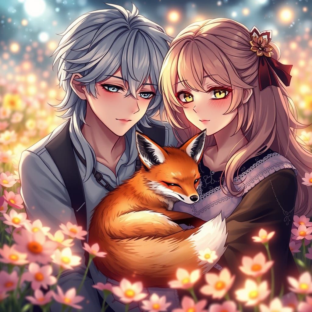 Anime Lovers Share Tender Moment in Vibrant Field of Flowers