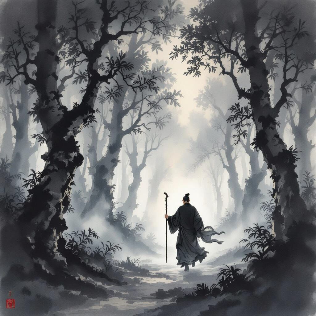 Buddhist Monk in Ancient Forest Ink Wash Painting