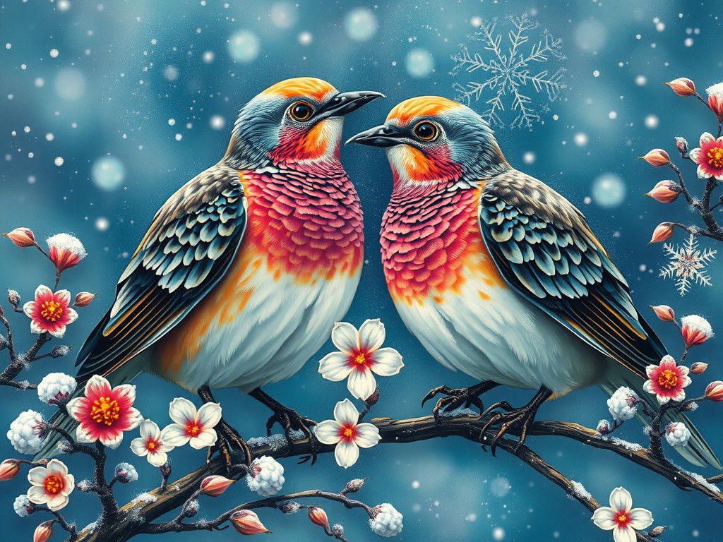 Turtle Doves in Winter Wonderland: Art Nouveau Style