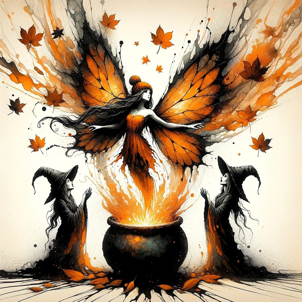 Fire Fairy Erupts From Cauldron in Ink Drip Art