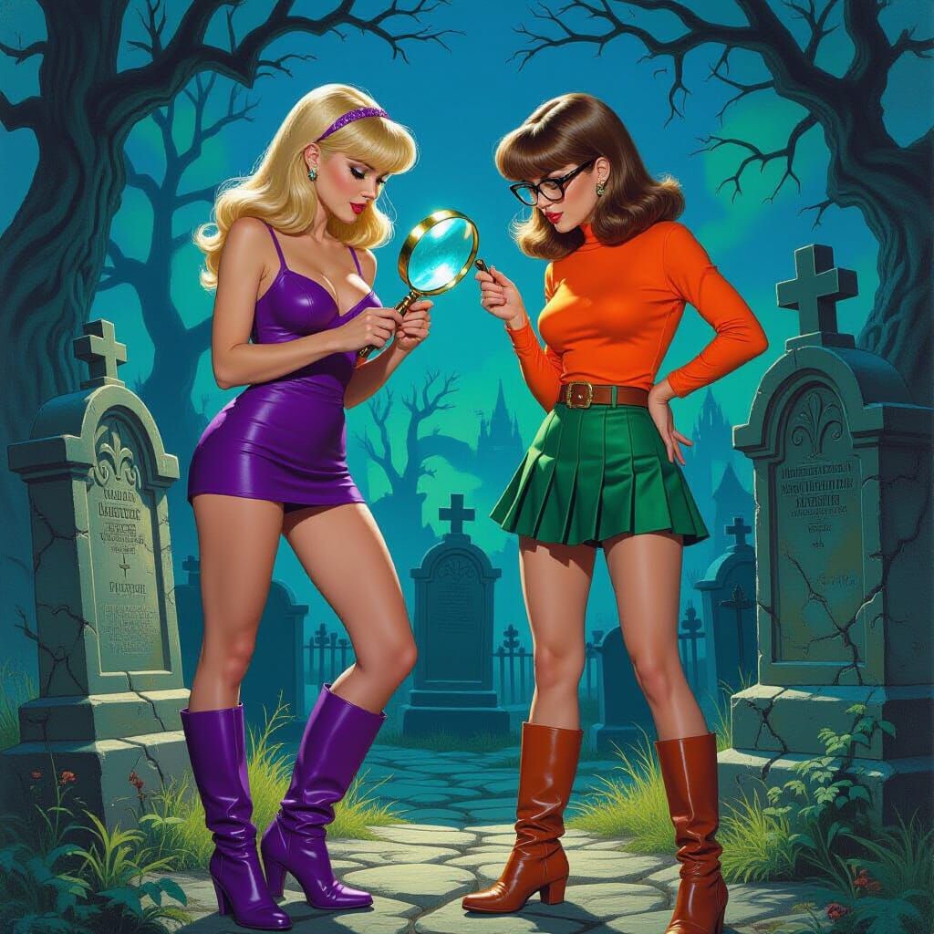 Daphne and Velma Find Clues in Gothic Graveyard Oil Painting