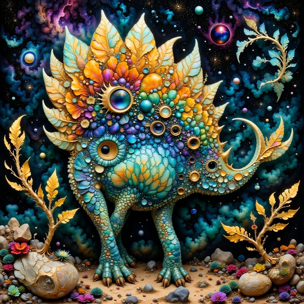 Feathered Sauropod Mosaic with Owl Face