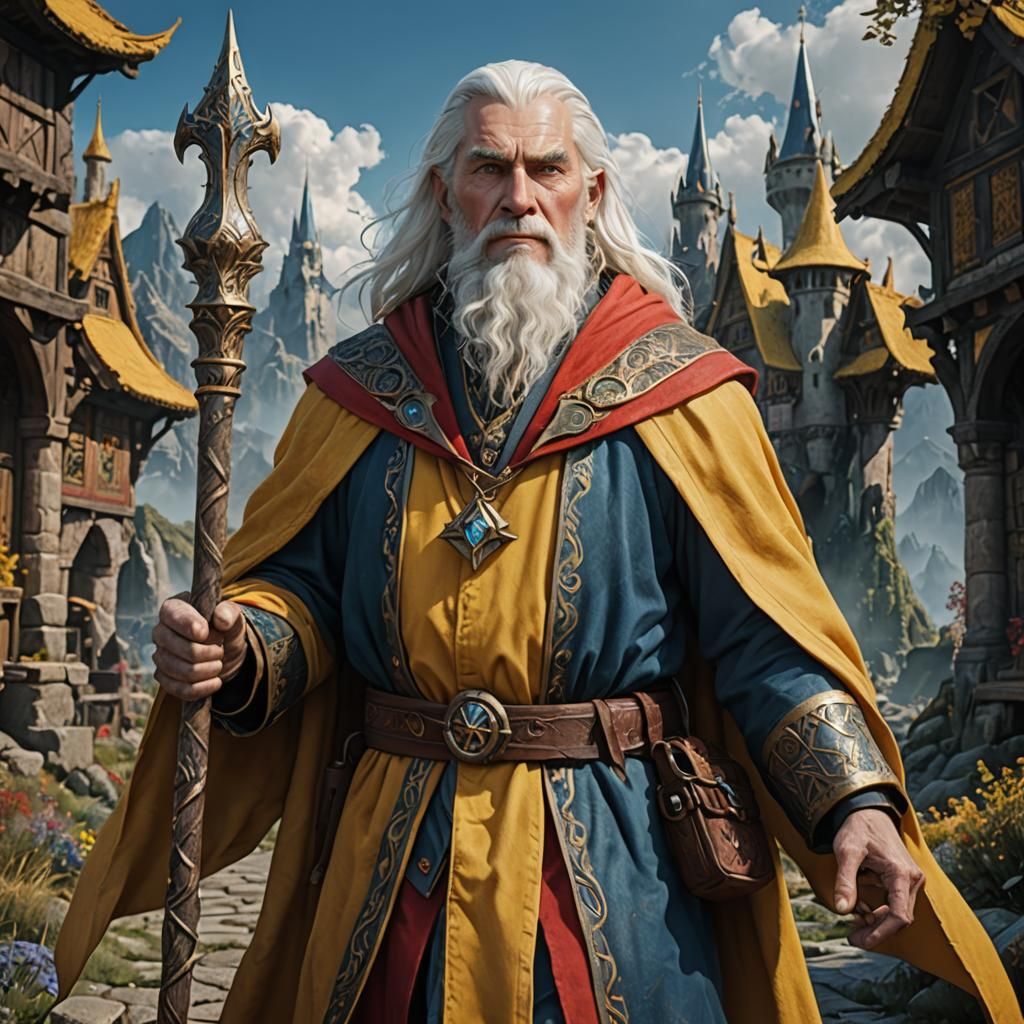 Human lightning wizard with white hair and beard. Has blue eyes. Wears yellow robes with  red trim and carries a staff.
