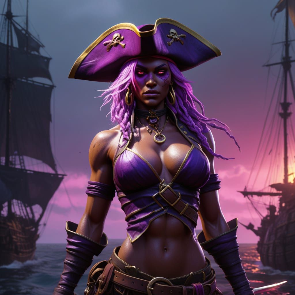 Muscular Drow Pirate Girl in Dark Fantasy Style