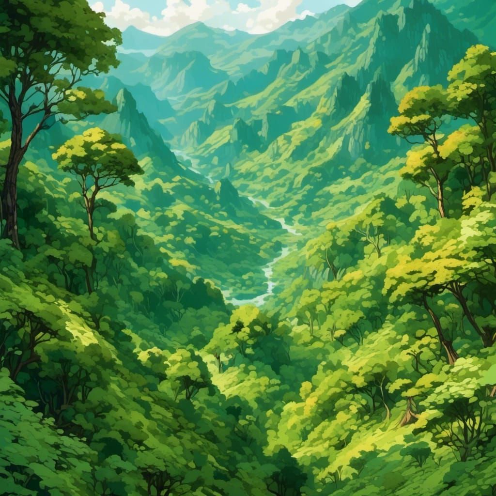Lush Green Trees Across Distant Mountains