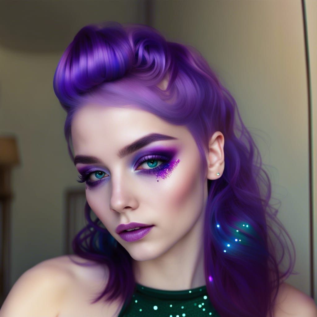 Ethereal young lady with purple Galaxy hair with blue highlights& magenta pink highlights& Emerald green highlights& gli...