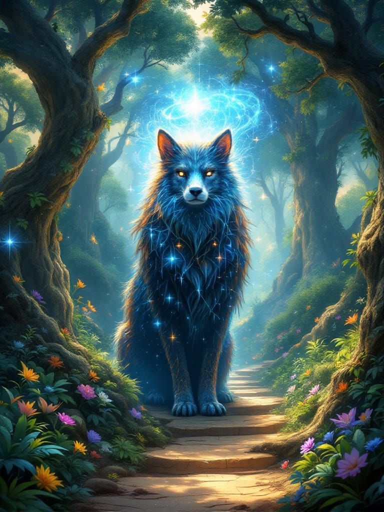 Cosmic Guardian of the Forest in Iridescent Light