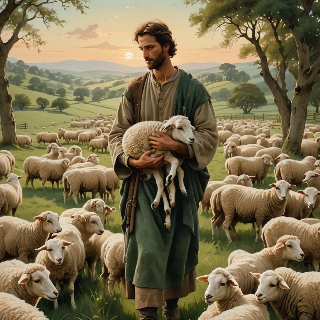 Shepherd with Lamb in Tranquil Pastel Meadow