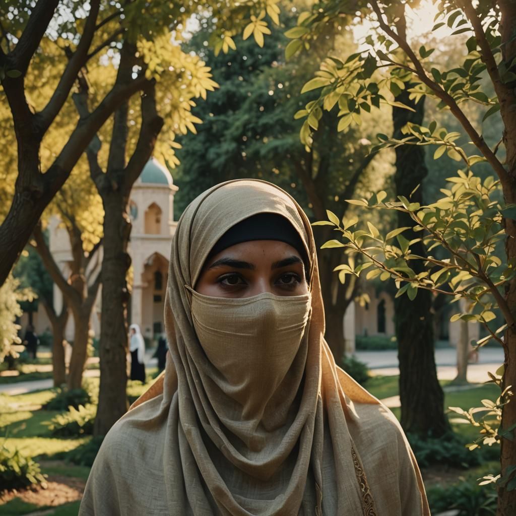 Muslim Woman in Mosque Garden at Golden Hour