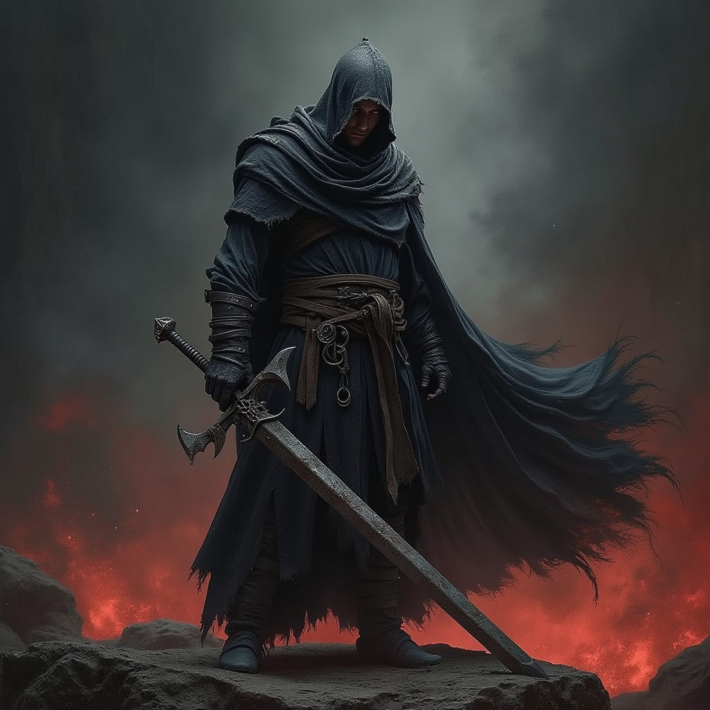Battle-Hardened Warrior in Tattered Cloak with Sword