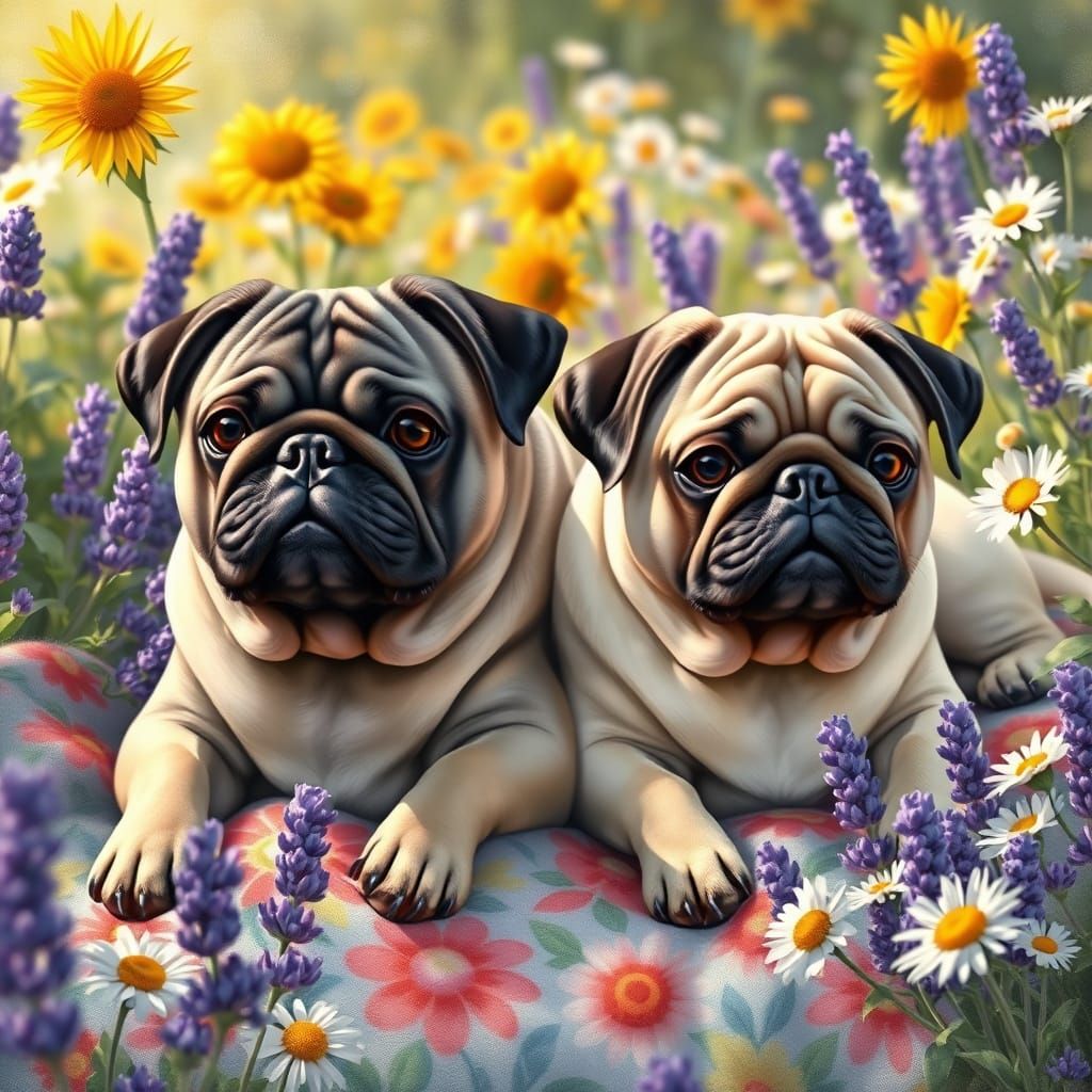 Pugs Bask in Impressionist Garden Scene