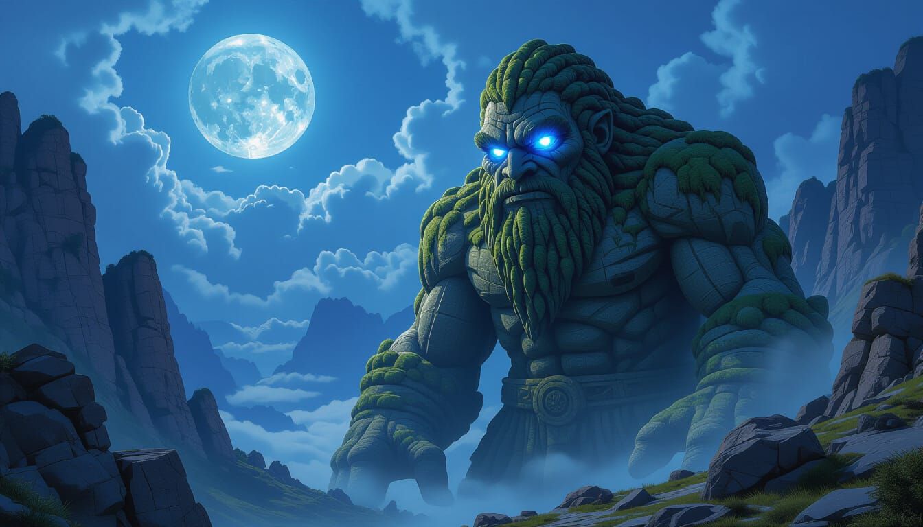 Ancient Stone Giant Guards Moonlit Valley in Epic Fantasy Ar...