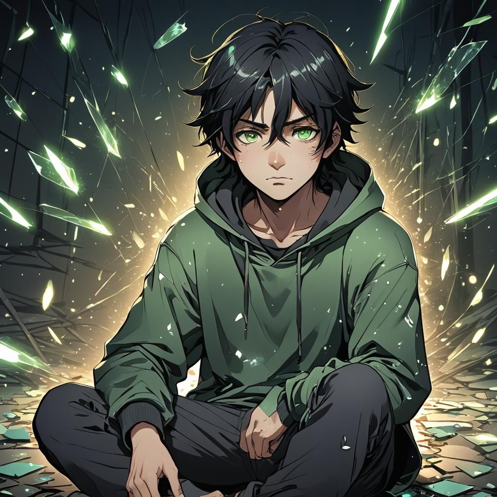 Obsessed Man with Broken Mirror in Manga Style