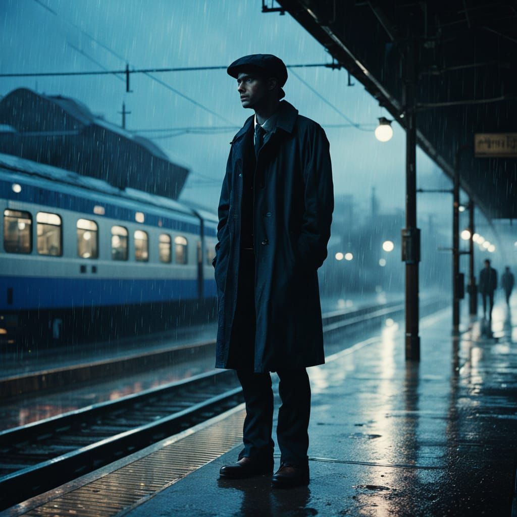 Gloomy Evening Train Station in Moody Film Noir Style