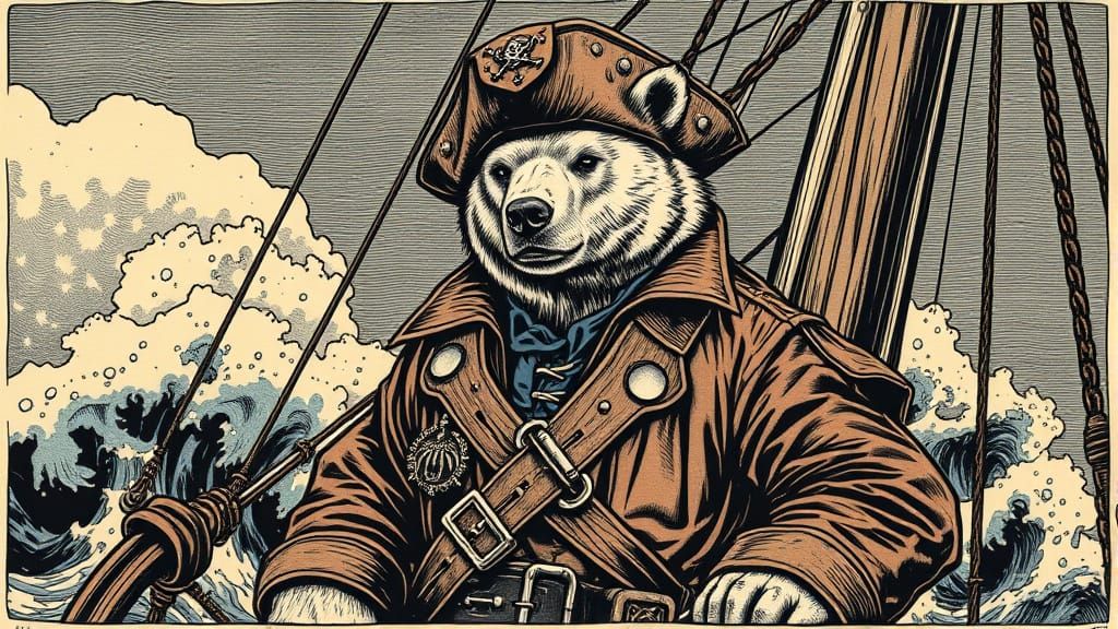Pirate Polar Bear on Ship: Intricate Woodcut Art