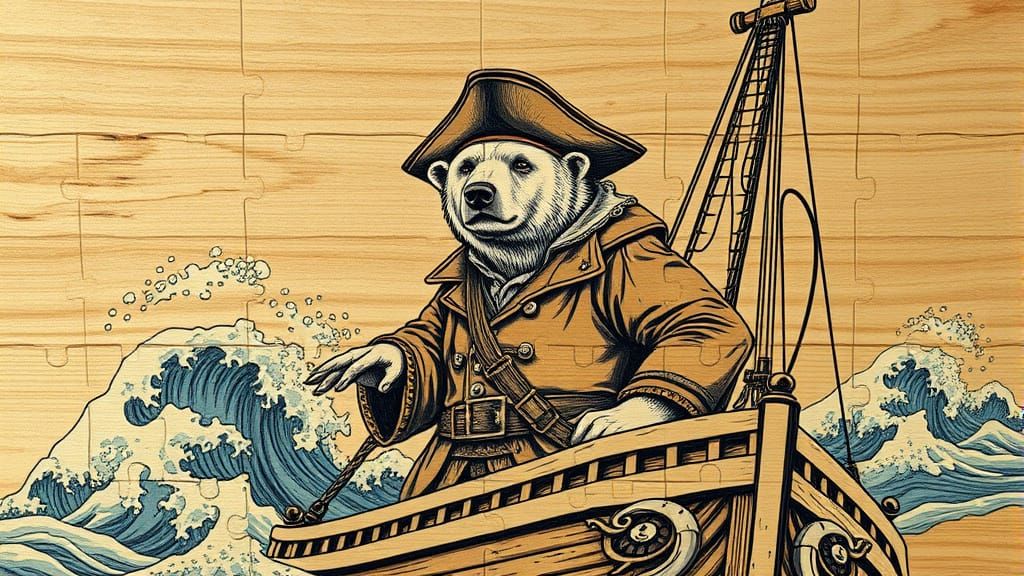 Pirate Polar Bear on Ship, Engraved Style