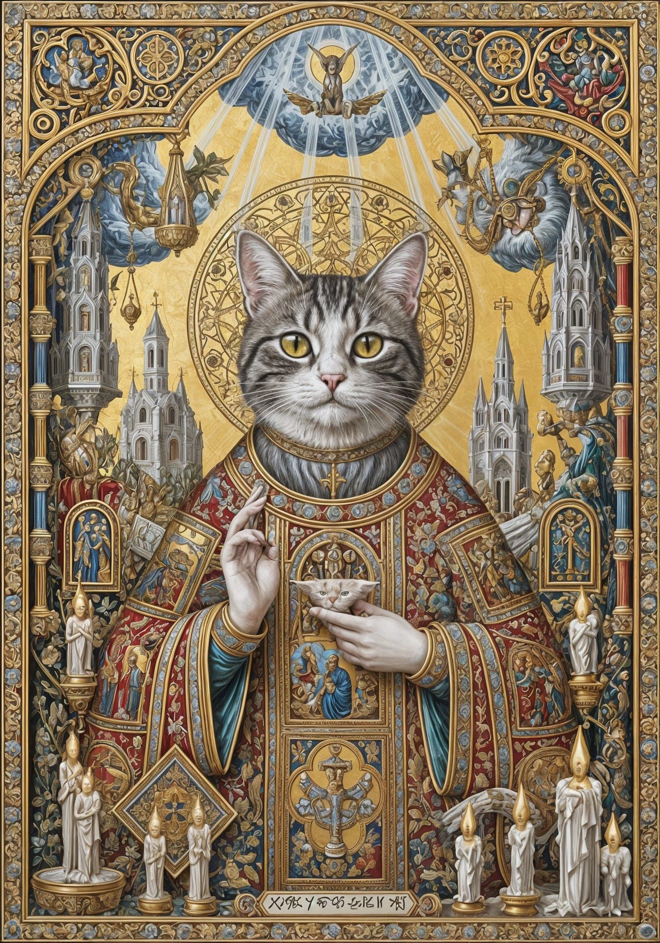Sacred Cat-Saint Byzantine Icon with Gold Leaf