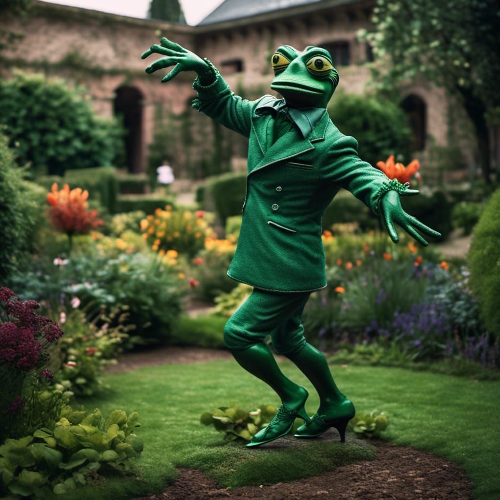 Green Pepe Dances: Hyperrealistic Garden Scene