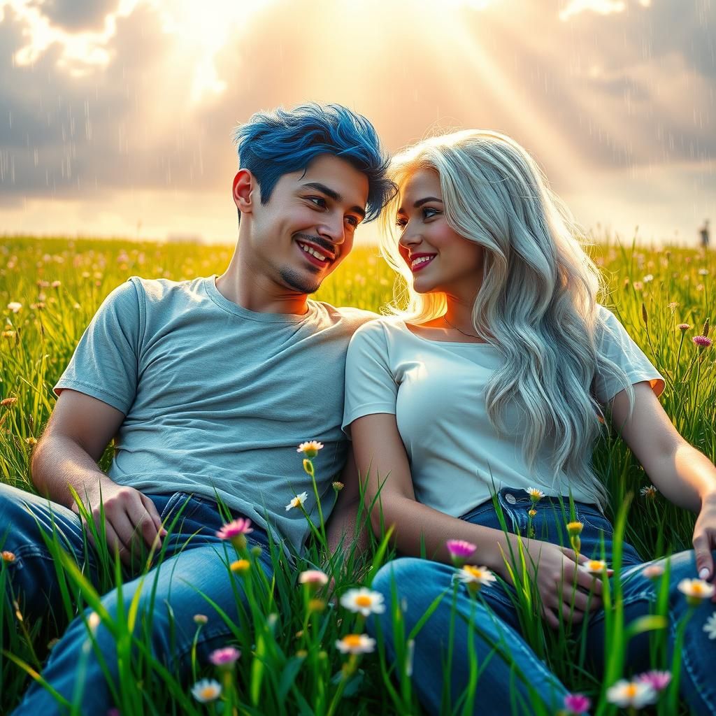 Couple in Meadow After Rain, Hyper-realistic Digital Art