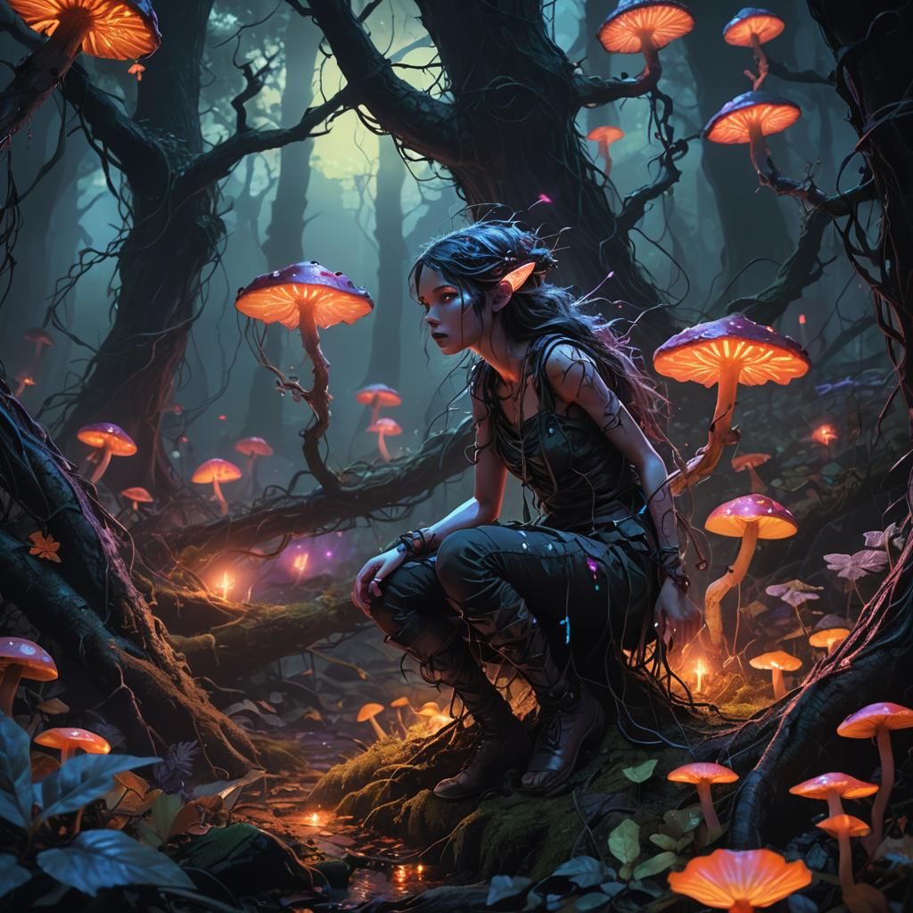 Nymph in Neon-Lit Forest: Dark Fantasy Concept Art