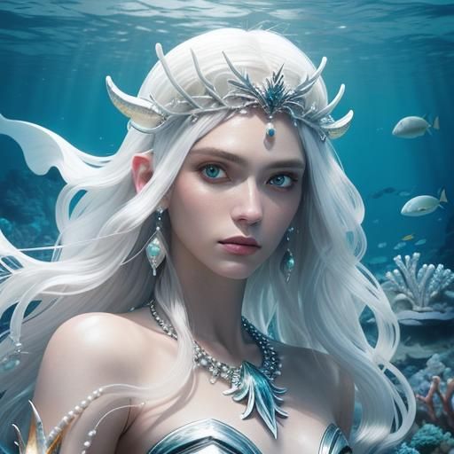 White Mermaid with Silver Scales Under the Sea