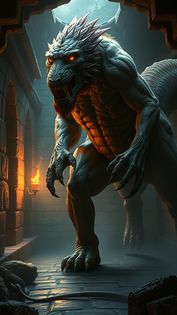 Manticore Hybrid in a Dark Fantasy Dungeon