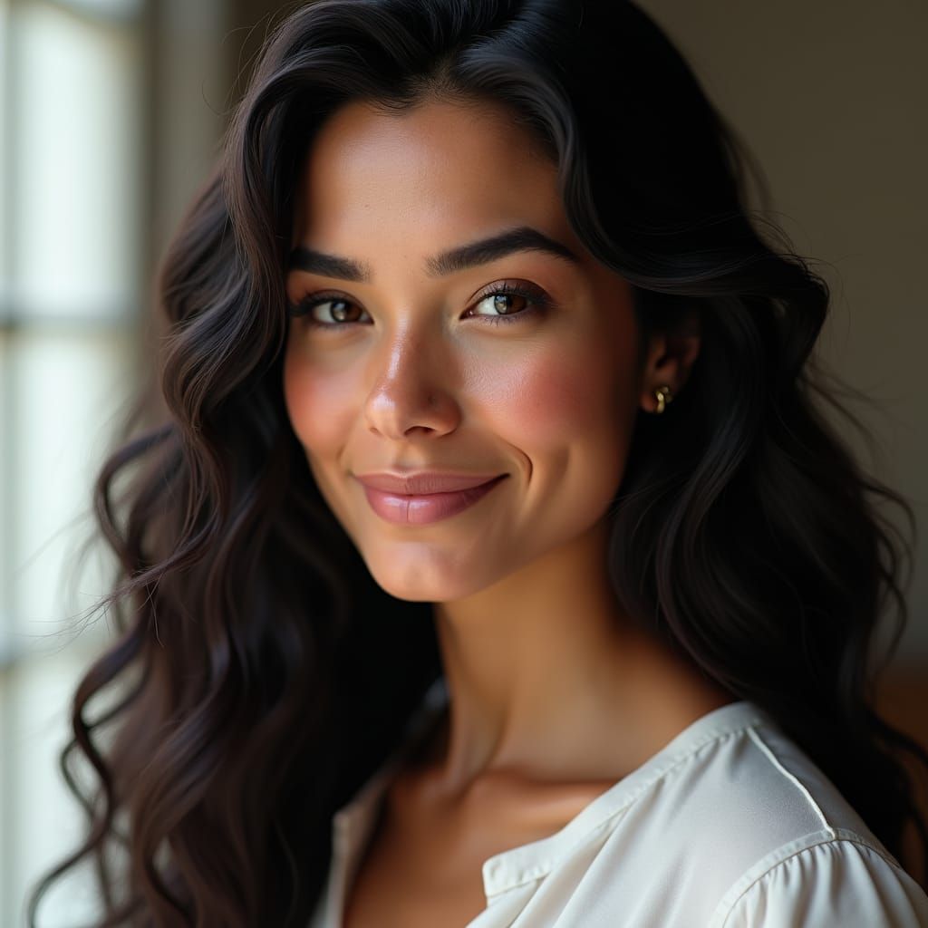 Confident Woman with Curly Hair, Detailed Matte Painting