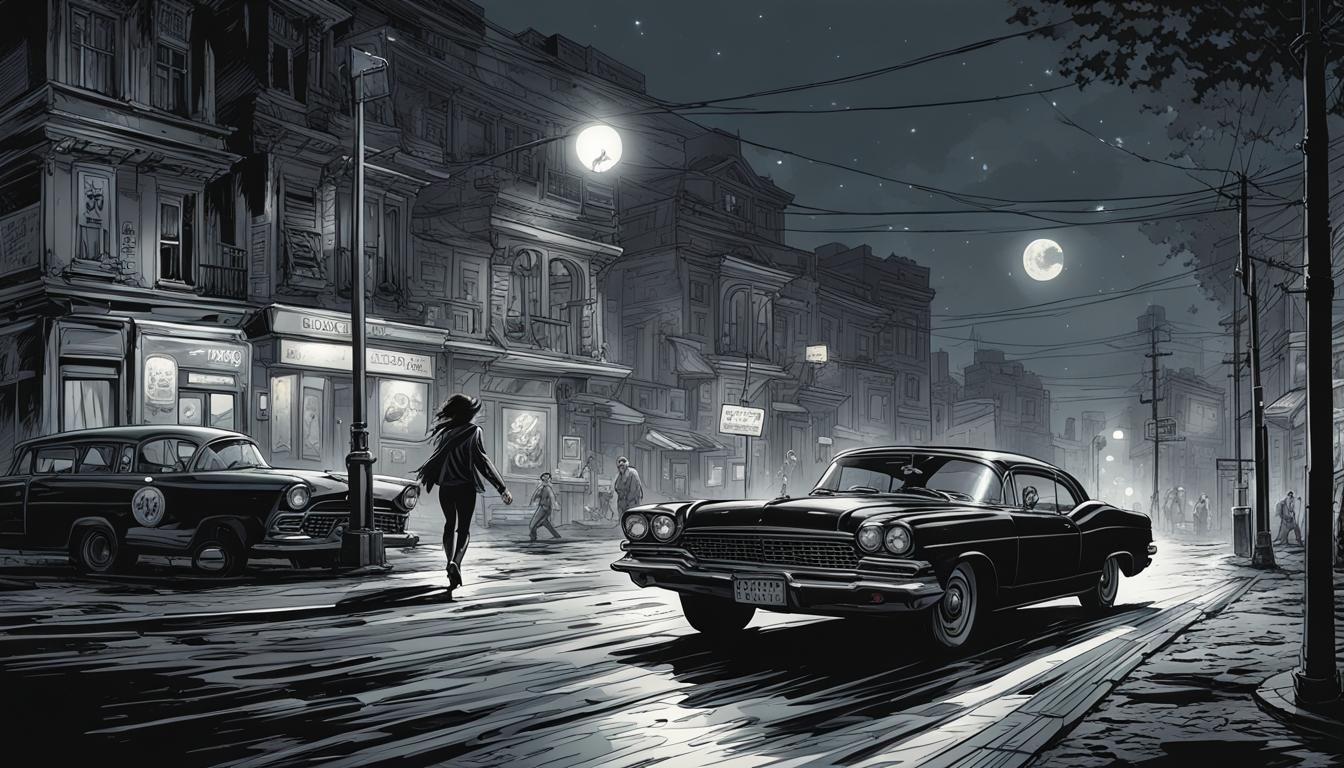 Dramatic Car Chase in Dark City: Comic Book Art