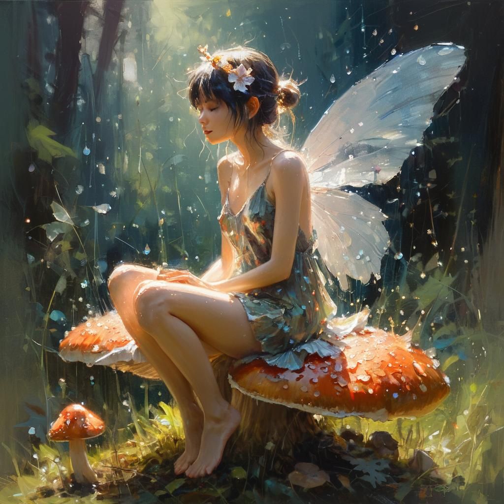 Fairy on a Mushroom: Dreamy Surrealist Painting