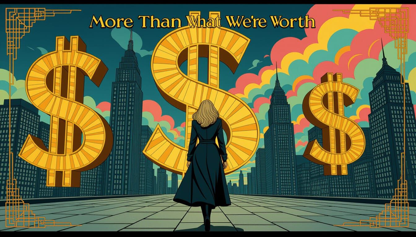 Dystopian Metropolis: Woman Walks from Dollar Sign Skyscrape...