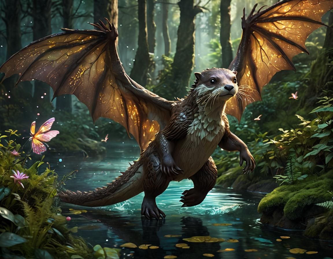 Enchanted Dragon-Otter Gliding Through Mystical Forest