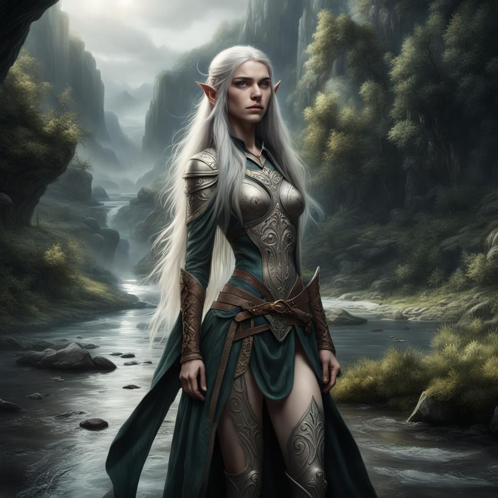 Beautiful Elf Huntress Keeping Watch by River