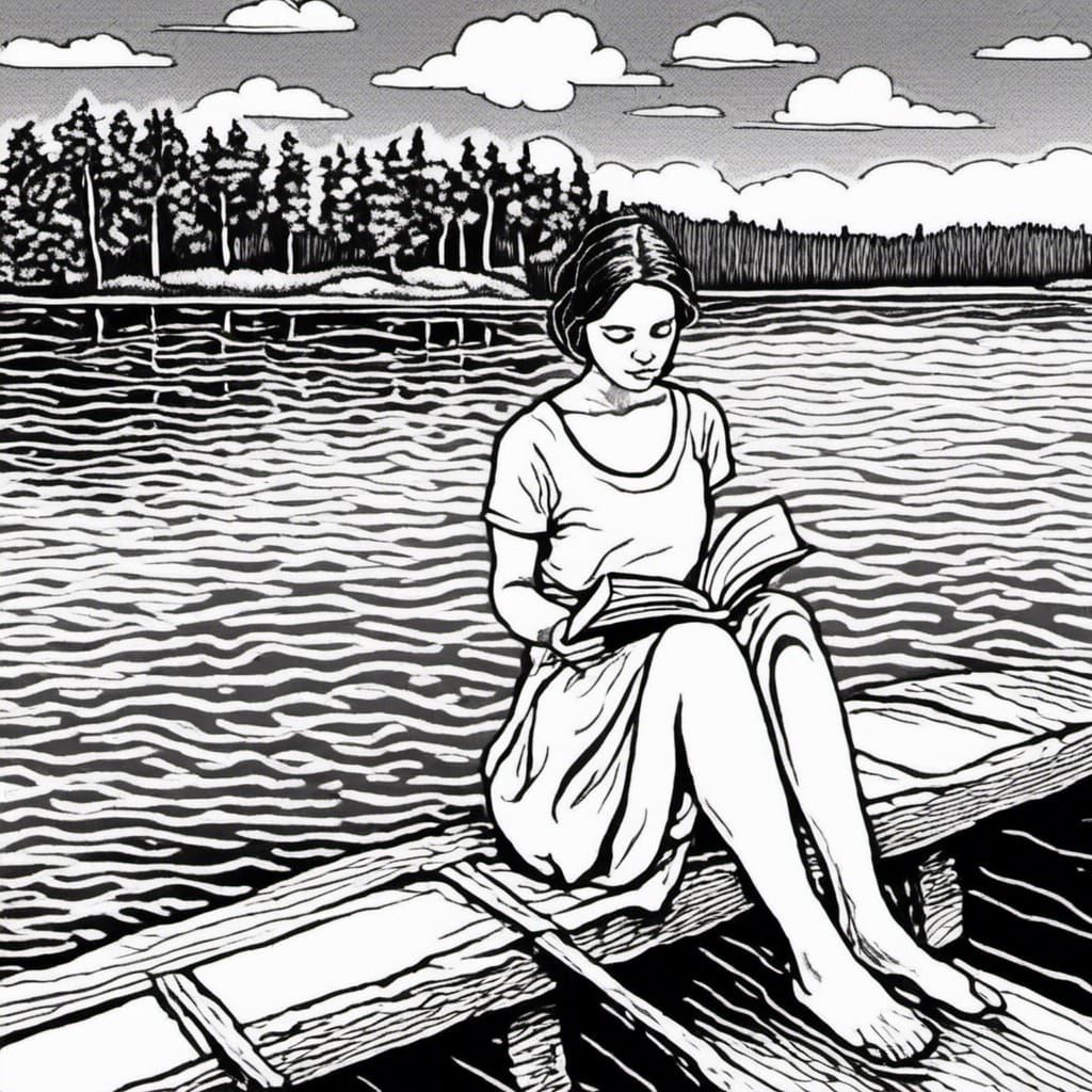 Line Art Tattoo of Character Reading by Lake