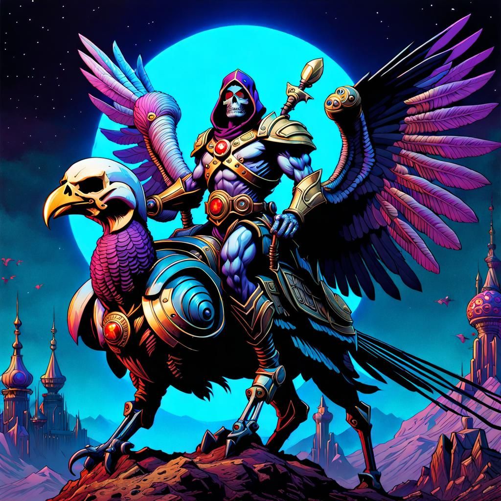 Skeletor riding cyborg turkey