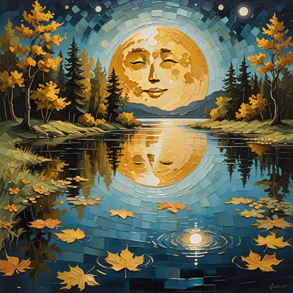 Jovial Moon Over Shimmering Lake with Swimming Bears