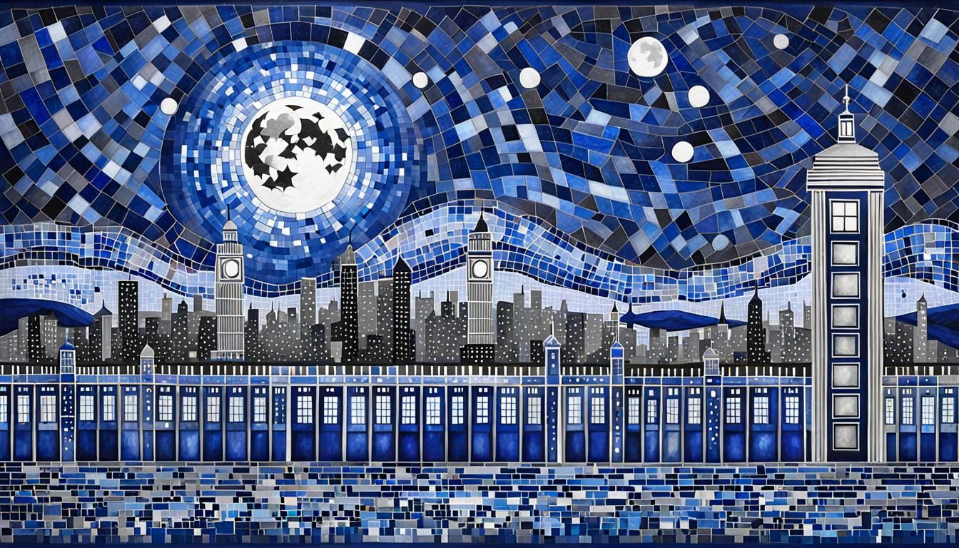TARDIS in Moonlit Cityscape with Geometric Patterns