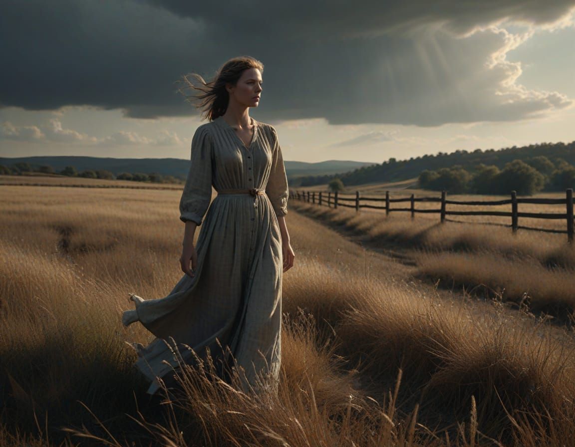 Young Woman Contemplates in a Desolate Field