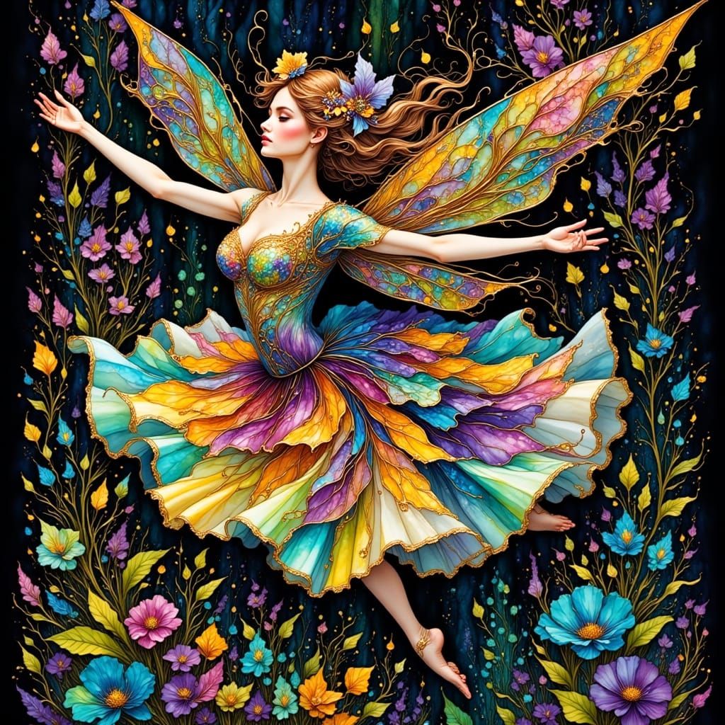 Vivid Wildflower Fairy Ballerina in Glossy Alcohol Ink Style