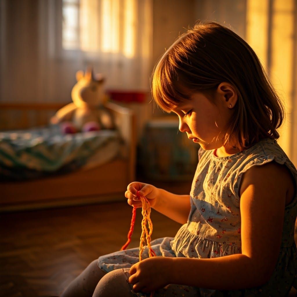 Child Braiding Scoubidous in Sunlit Bedroom