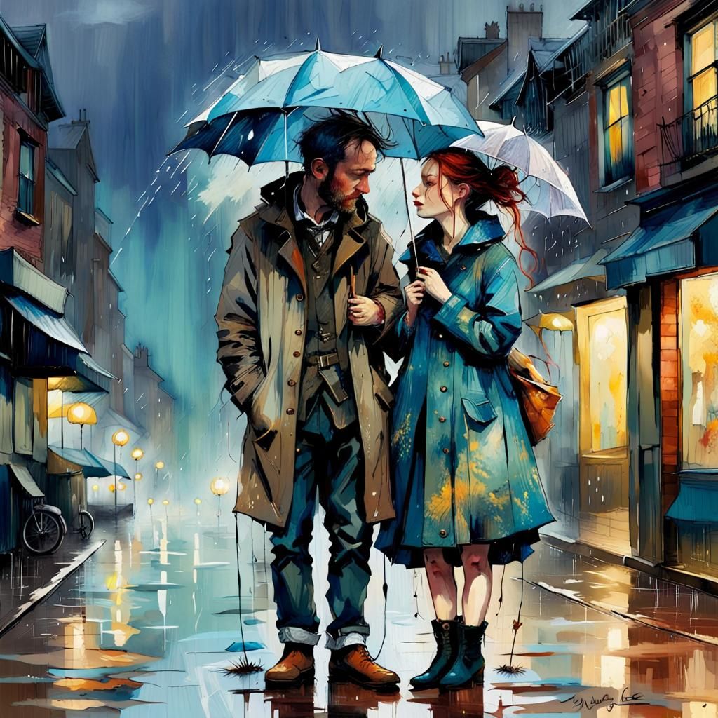 Mouse Couple in Rainy Dystopian Cityscape