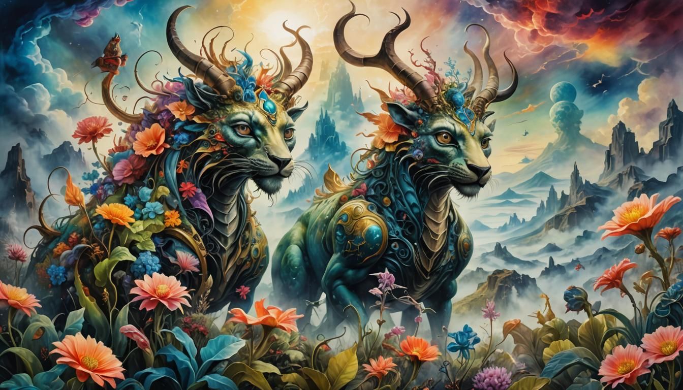 Surreal Mythical Beast in a Dreamlike Landscape