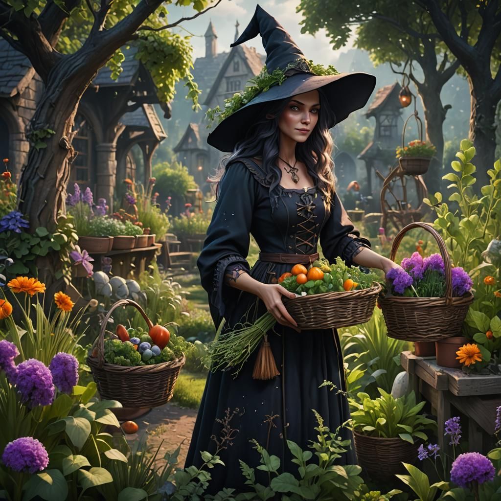 Enchanting Witch Harvests Herbs in Magical Garden