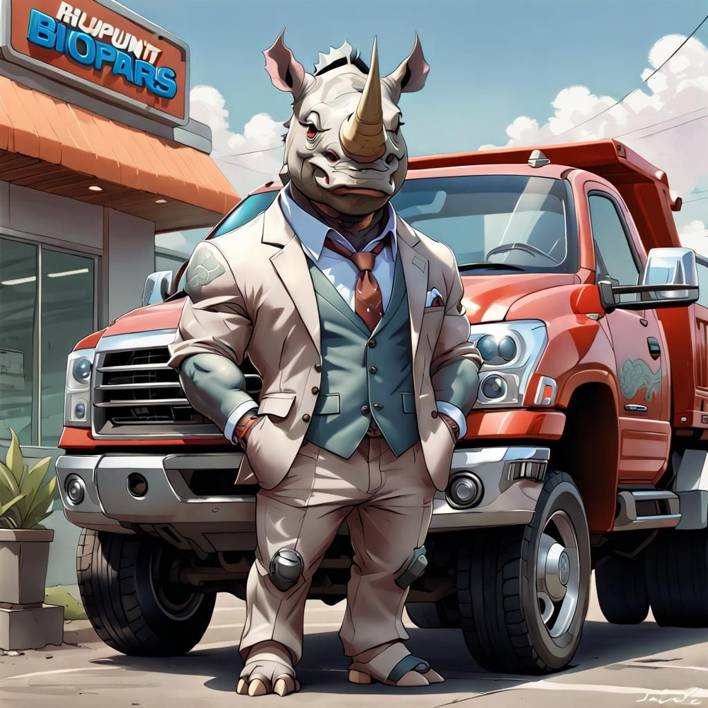 Biopunk Rhino Car Salesman in Manga Style