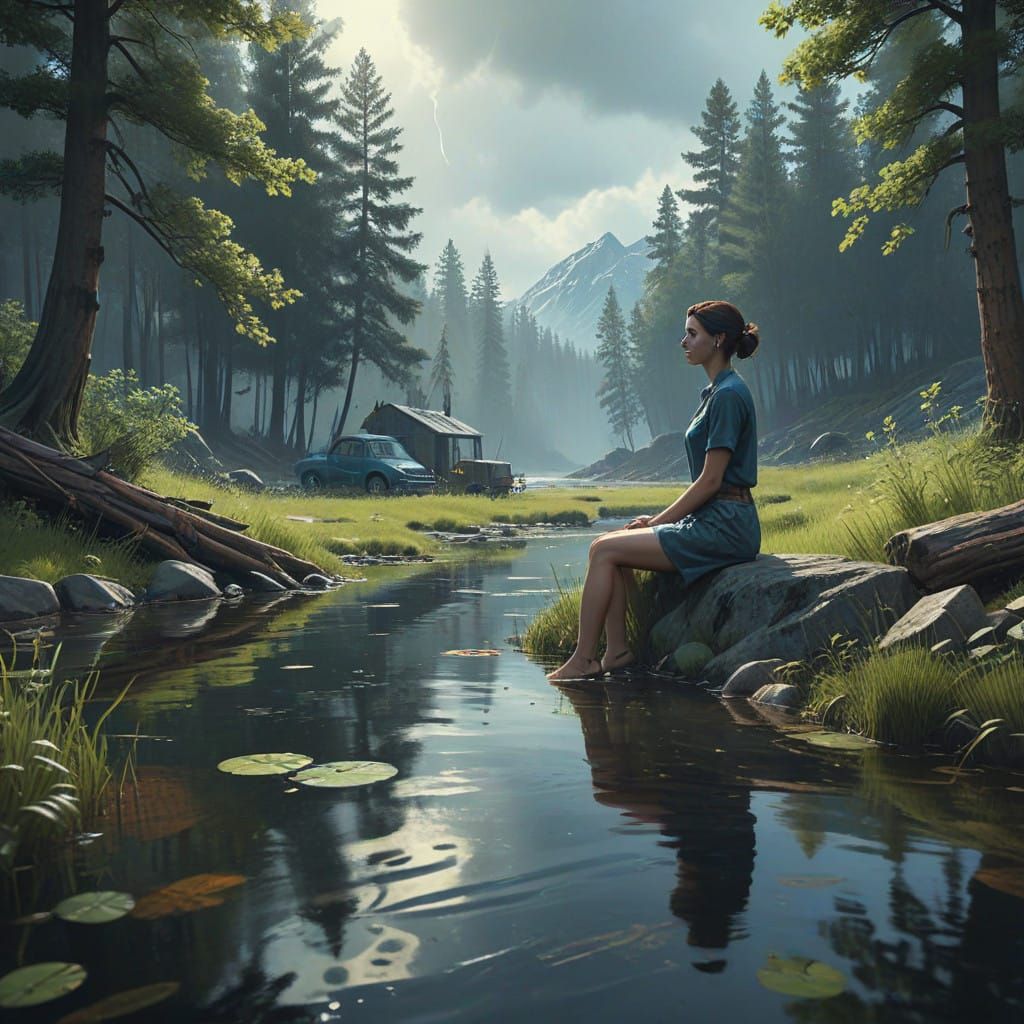 Surreal Woman in a Tranquil Pond Scene with Cinematic Lighti...