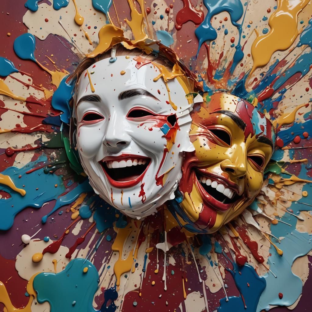 Hyperrealistic Comedy Tragedy Masks in Splash Art Style