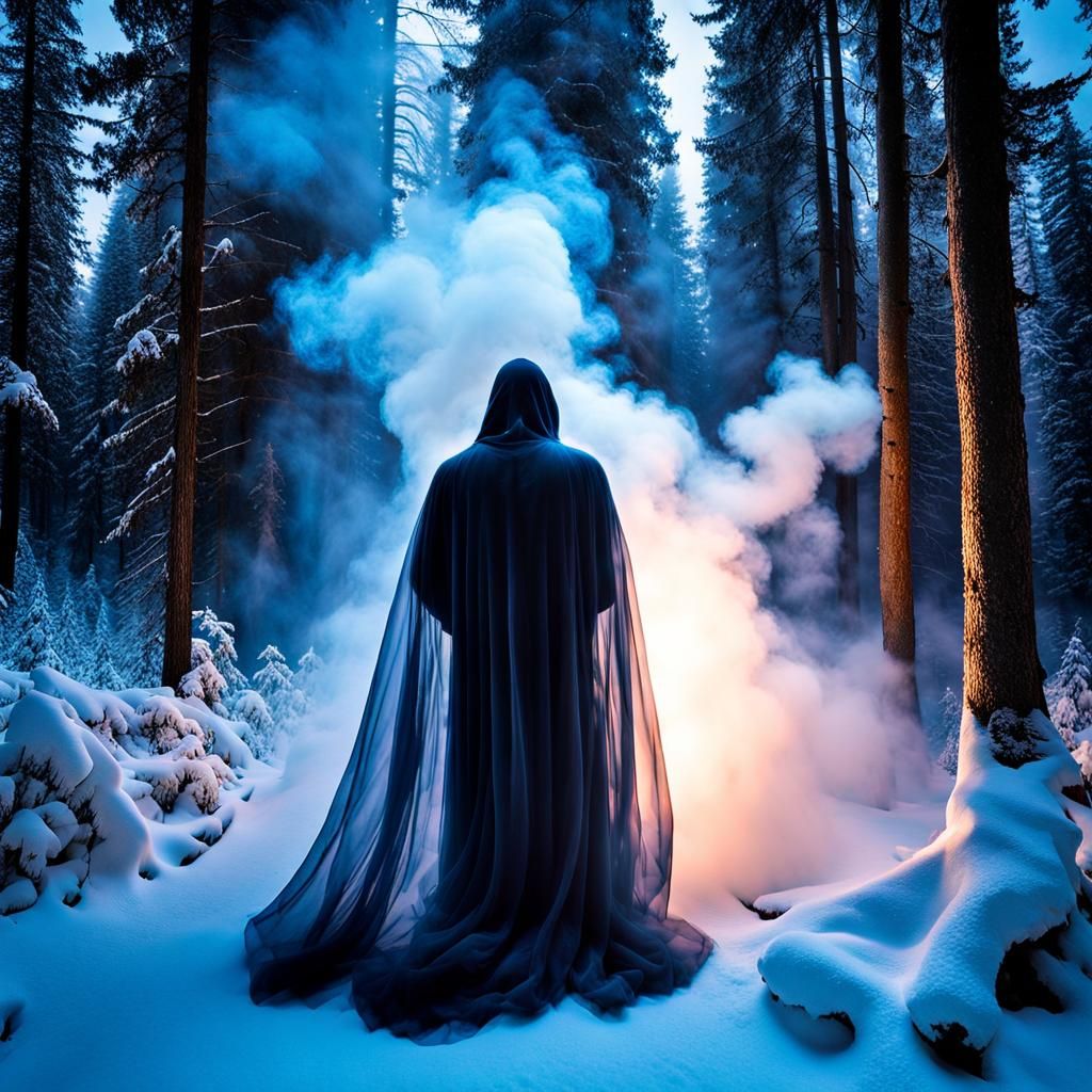 Bioluminescent Smoke Spirits in Snowy Forest