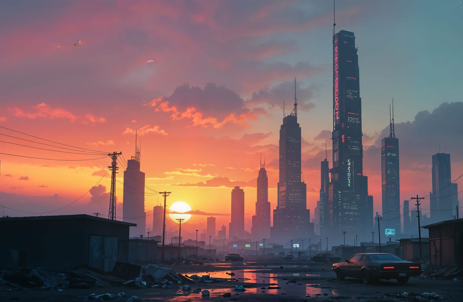 Cyberpunk Megacity at Sunset: Desolation and Neon