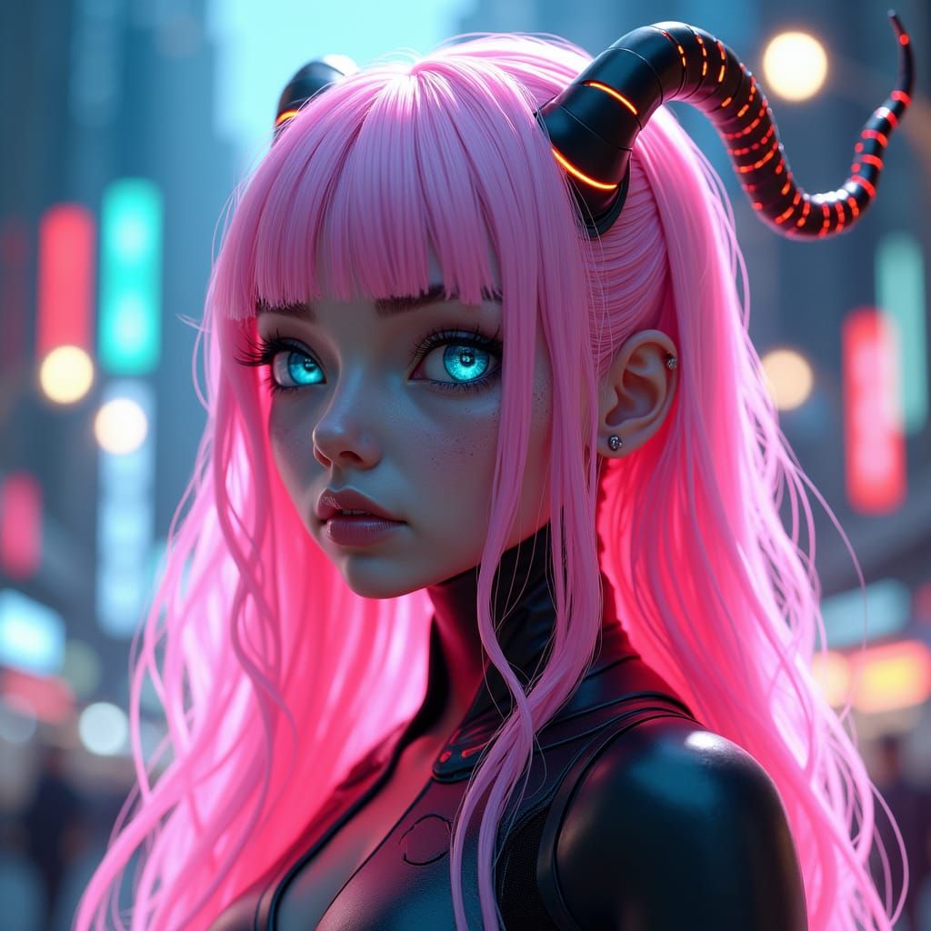 Futuristic Cyborg with Flowing Pink Hair