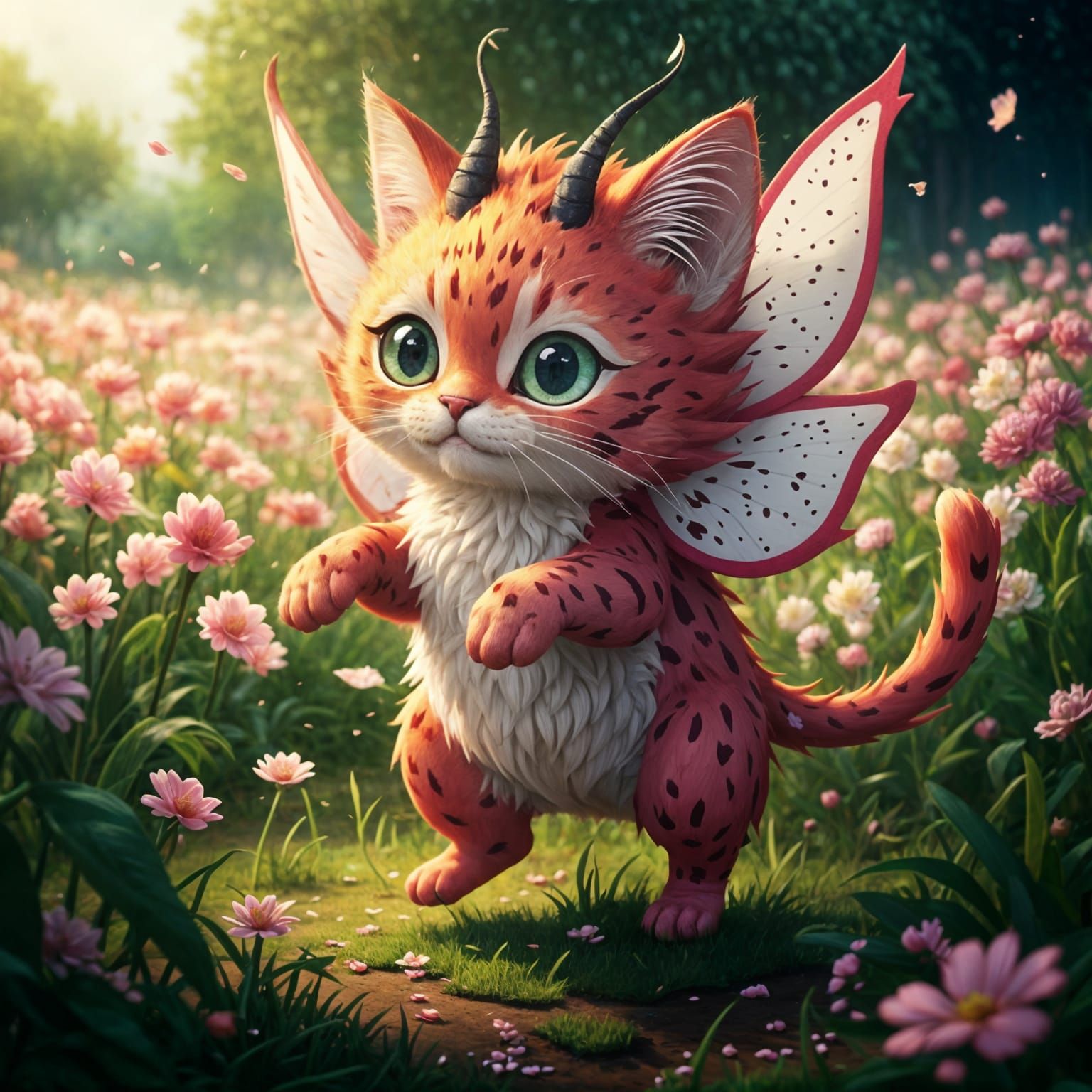 Vibrant Dragon Fruit Feline in Whimsical Floral Scene