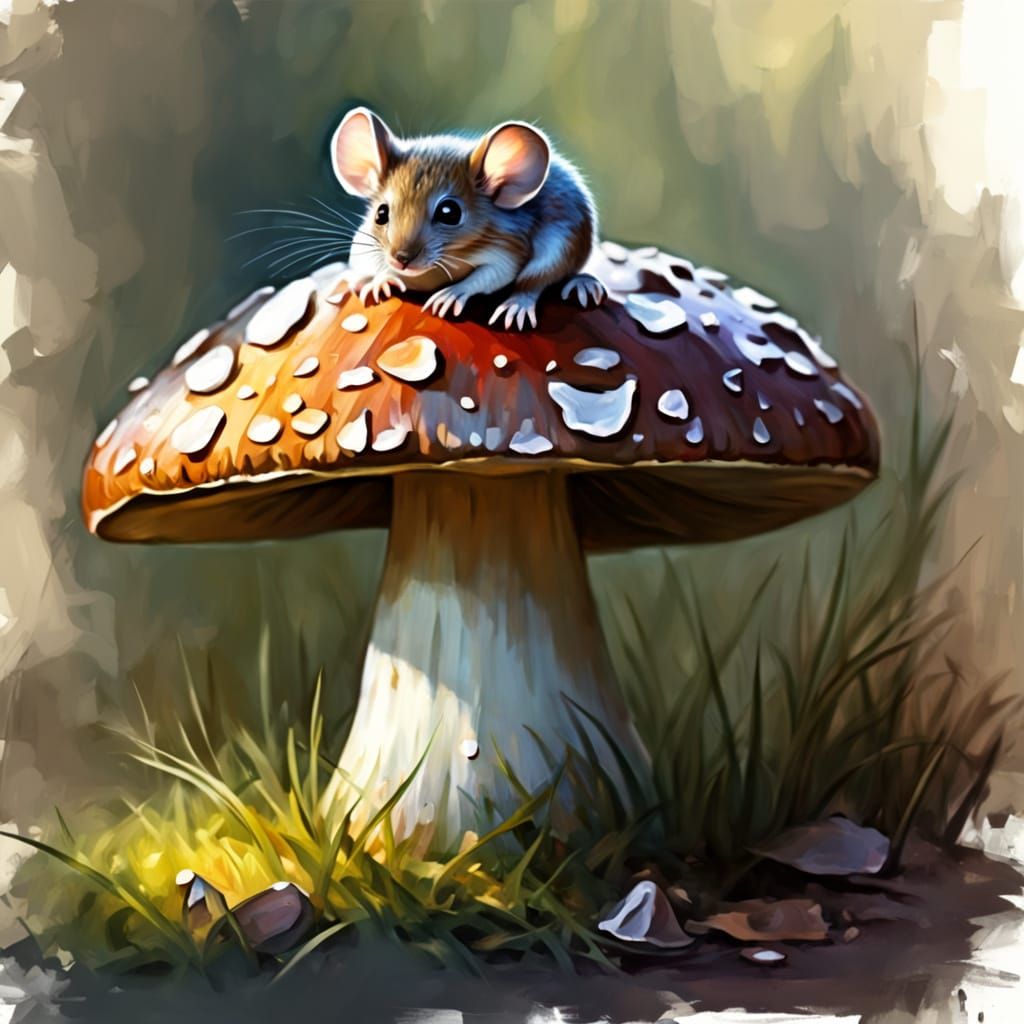 Vibrant Oil Painting of Mouse on Toadstool